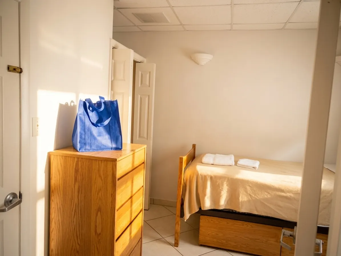 Una habitación con cama y una cómoda junto a la puerta