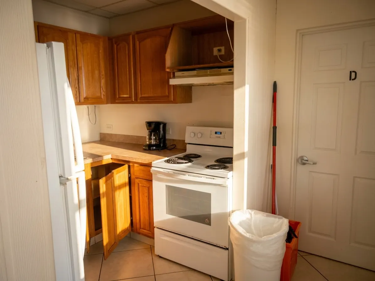 Una cocina con estufa, cafetera y gabinetes de madera